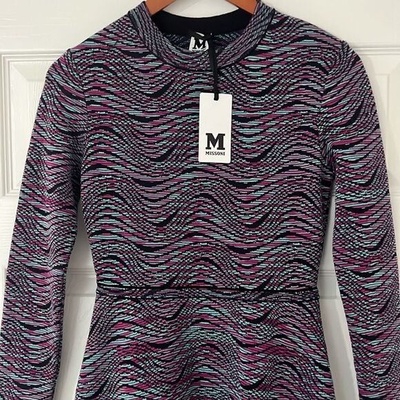 NWT M Missoni Multicolor Wool Blend Wave Long Sleeve Midi A-Line Womens Dress 38 - Picture 4 of 9